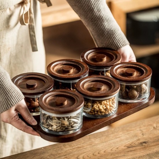 Wooden & Glass Serving Platter with Wooden Stand - 6 Pieces